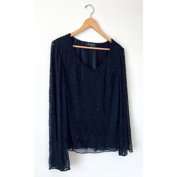 JKARA 🌸 Beaded Black Bell Sleeve V-Neck Top w Sharktail Hem - Picture 10 of 13